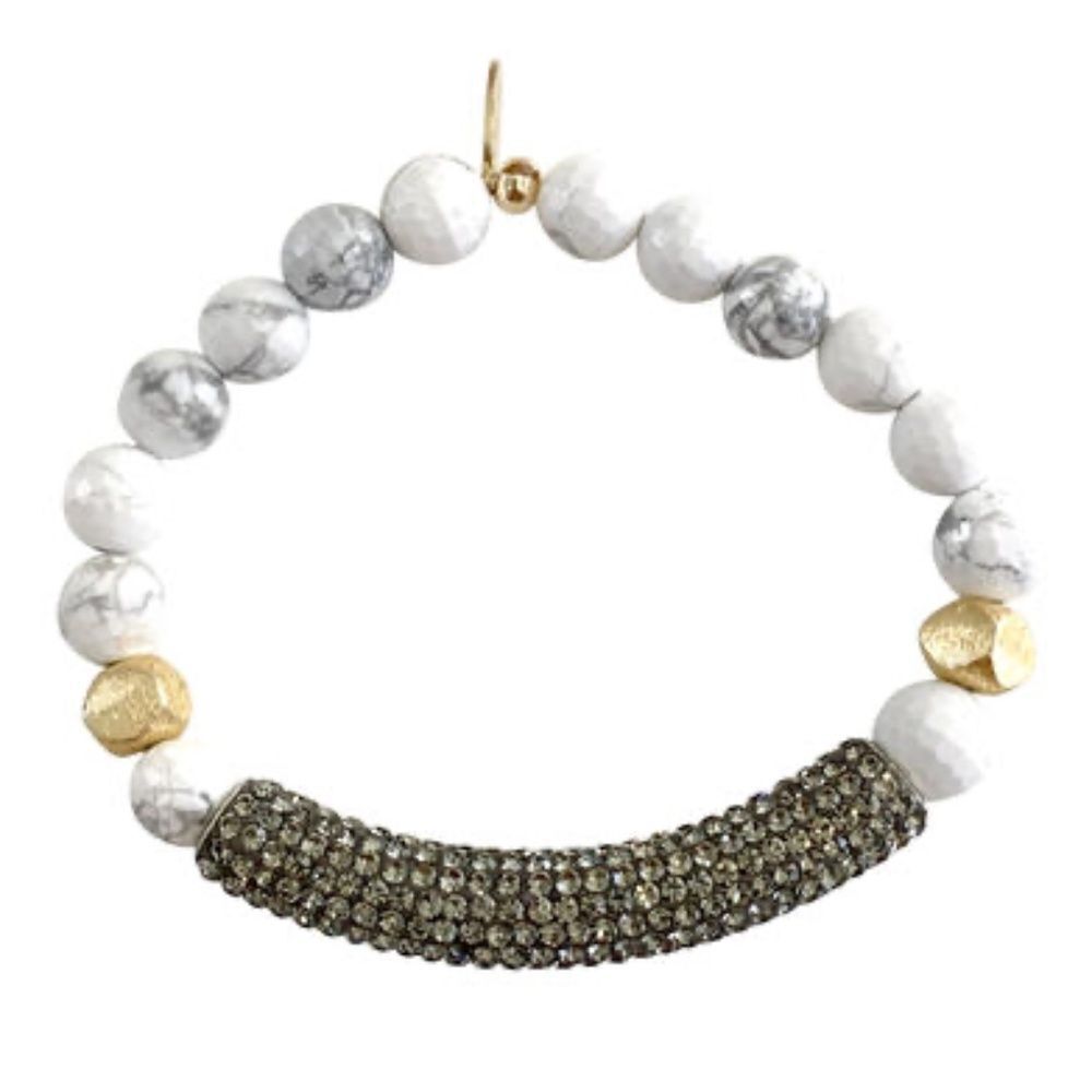Stretch Bracelet White Jasper Stone Beads & Gray Crystal Rhinestone Bar NEW
